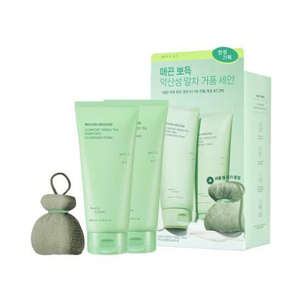 ROUND AROUND Comfort Green Tea Purifying Cleansing Foam 200ml+200ml+Matcha Bubble Ball (Double SET)